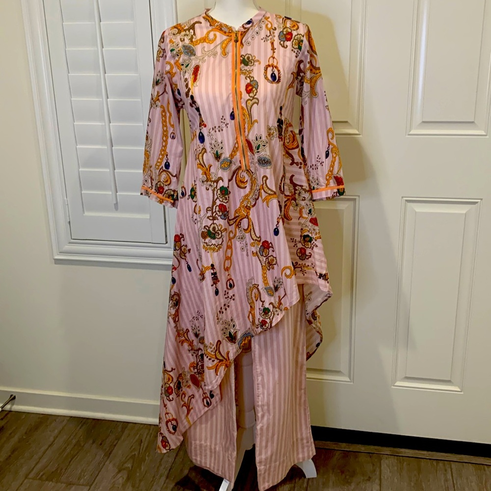 Limelight cotton 2-piece kurta & pants set stripes w/floral print mauve/pink M